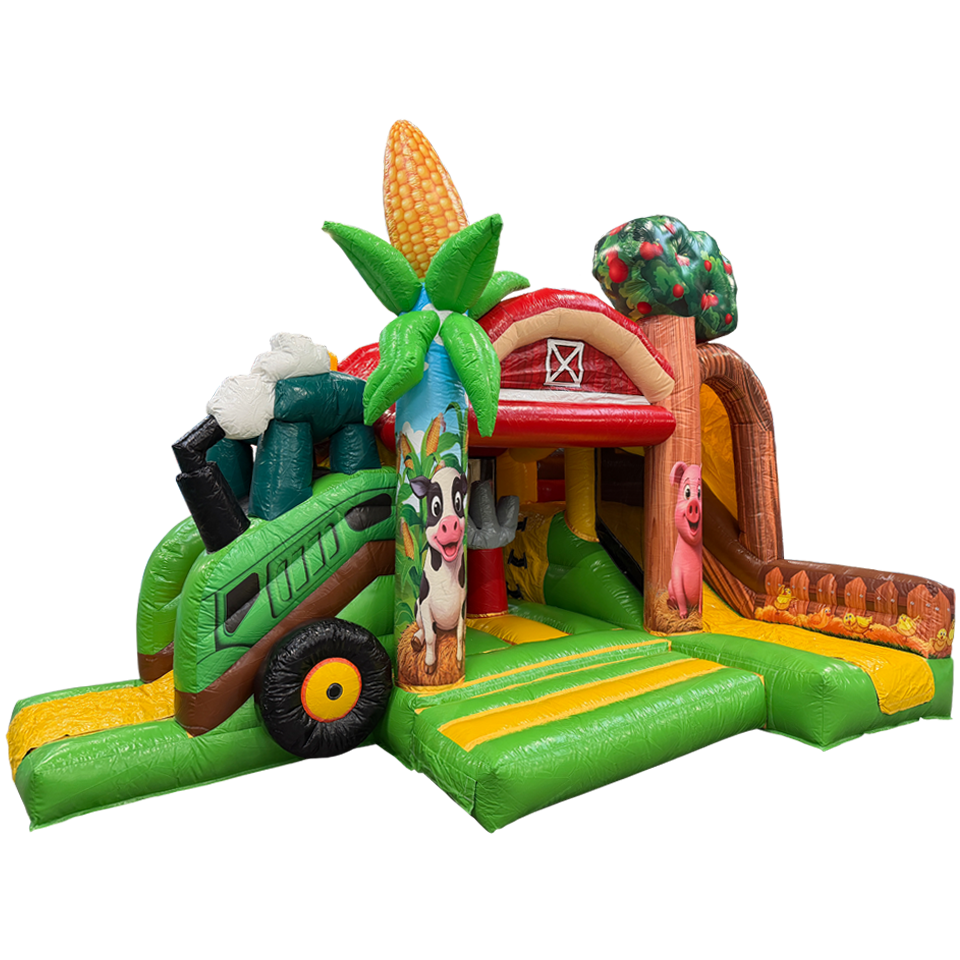 Château Gonflable avec 2 Toboggans 3D Ferme