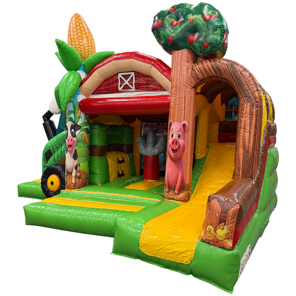 Château Gonflable avec 2 Toboggans 3D Ferme