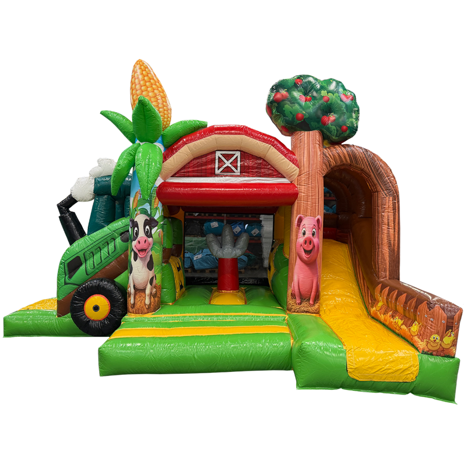 Château Gonflable avec 2 Toboggans 3D Ferme
