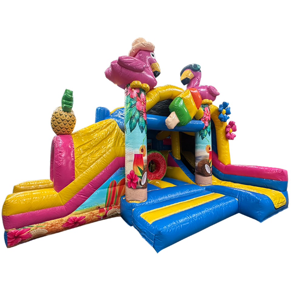 Château Gonflable avec 2 Toboggans 3D Flamant Rose