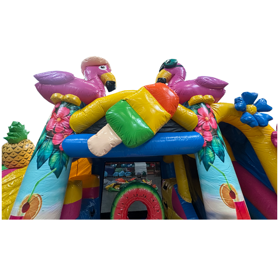 Château Gonflable avec 2 Toboggans 3D Flamant Rose