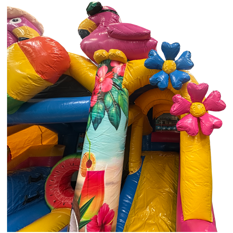 Château Gonflable avec 2 Toboggans 3D Flamant Rose