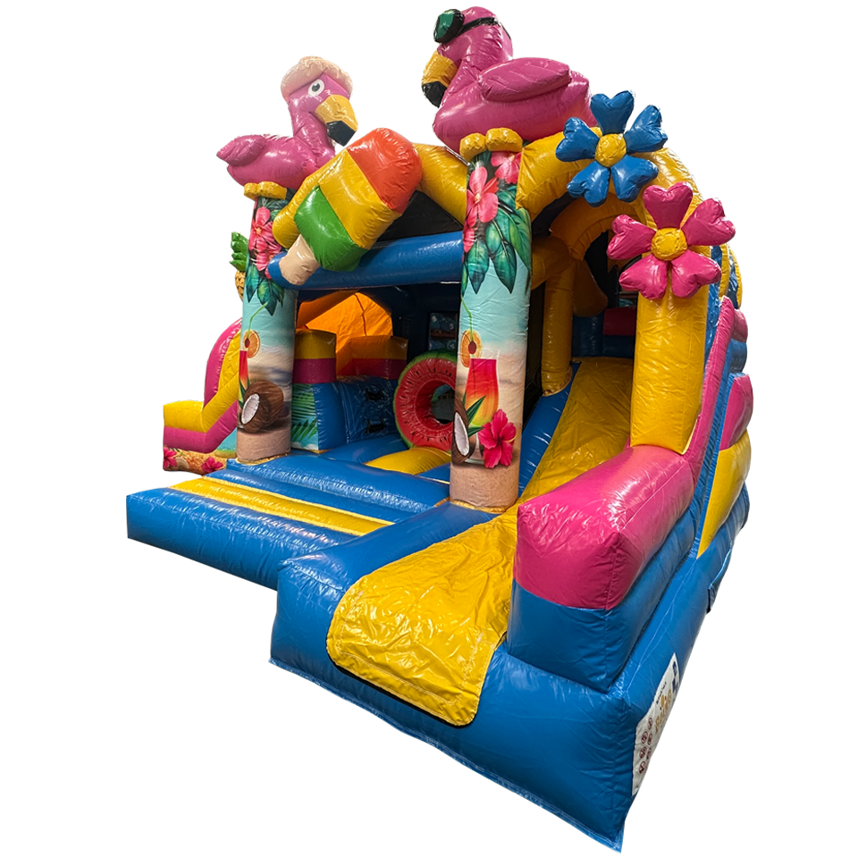 Château Gonflable avec 2 Toboggans 3D Flamant Rose