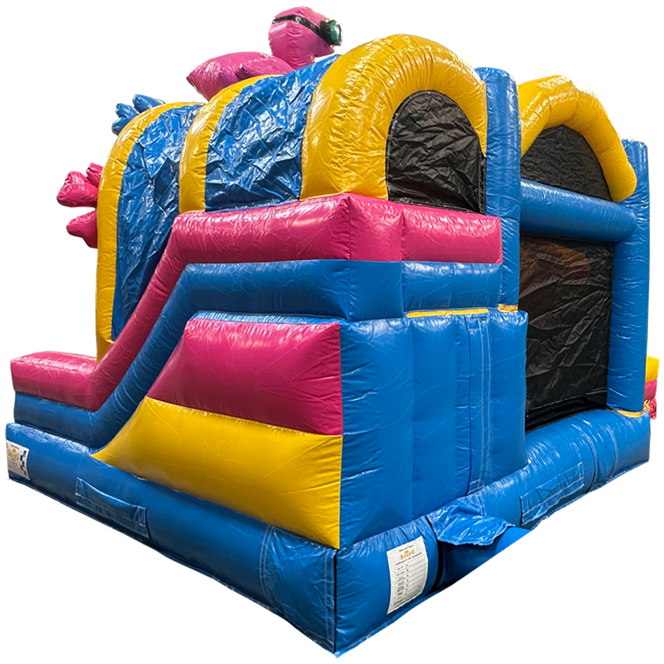 Château Gonflable avec 2 Toboggans 3D Flamant Rose