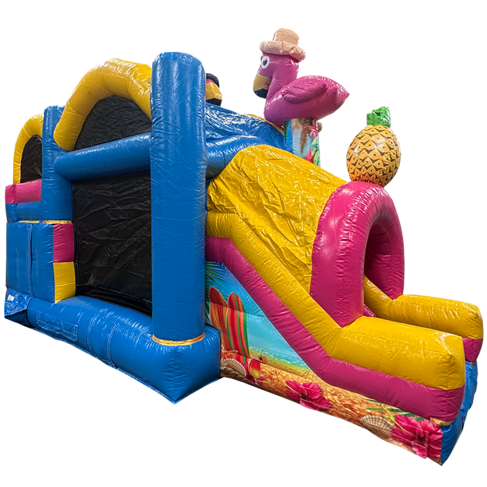 Château Gonflable avec 2 Toboggans 3D Flamant Rose