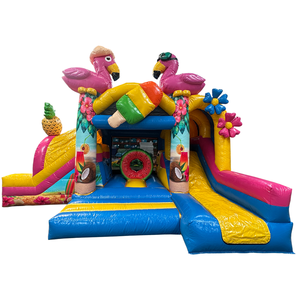 Château Gonflable avec 2 Toboggans 3D Flamant Rose