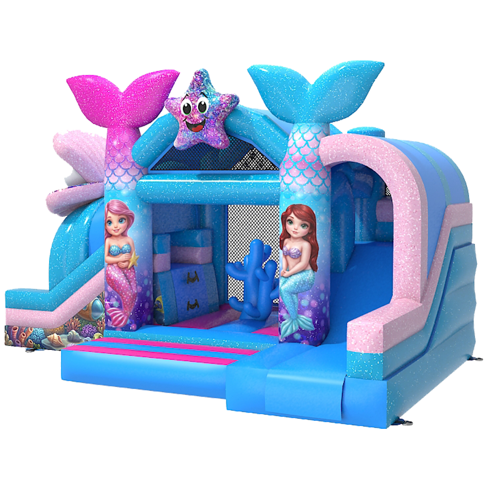 Château Gonflable avec 2 Toboggans 3D Sirène à Paillettes