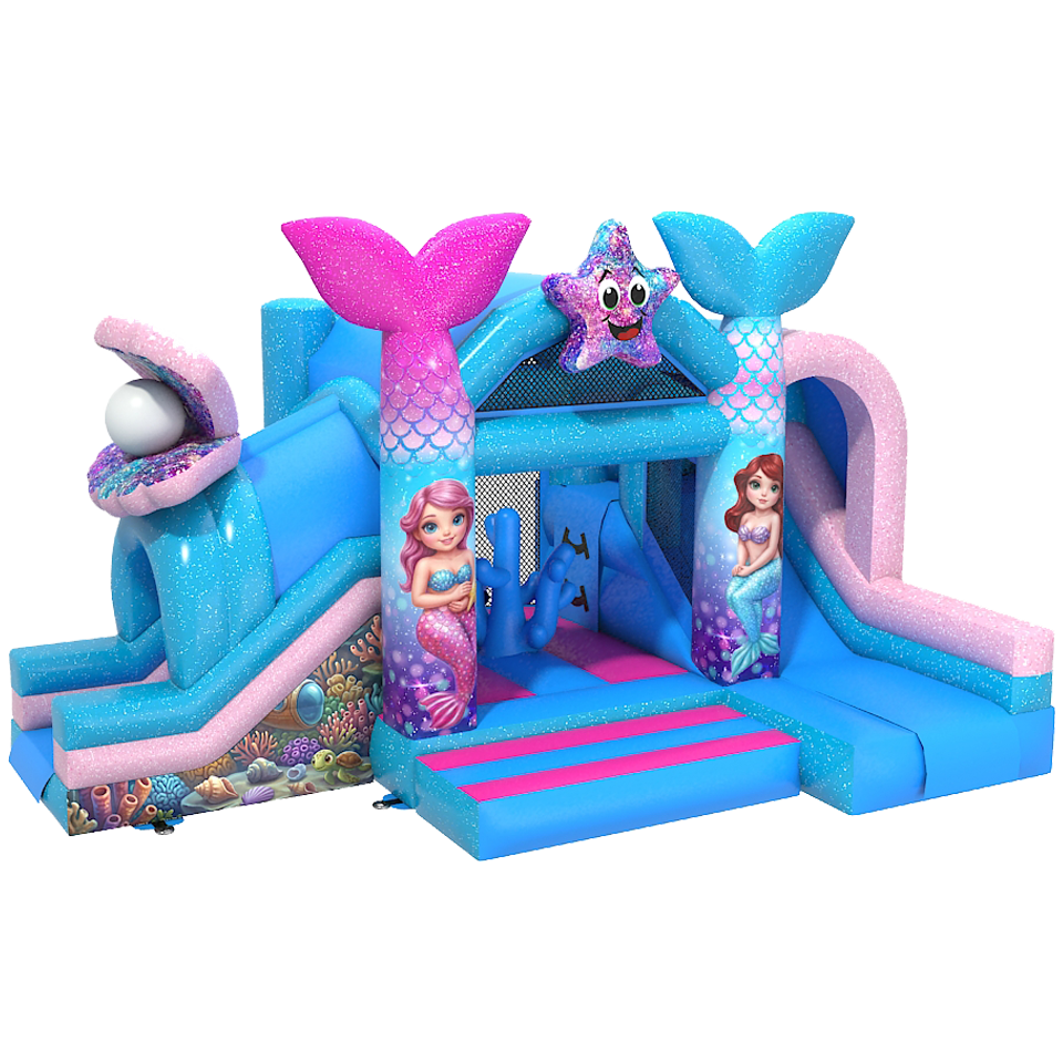 Château Gonflable avec 2 Toboggans 3D Sirène à Paillettes