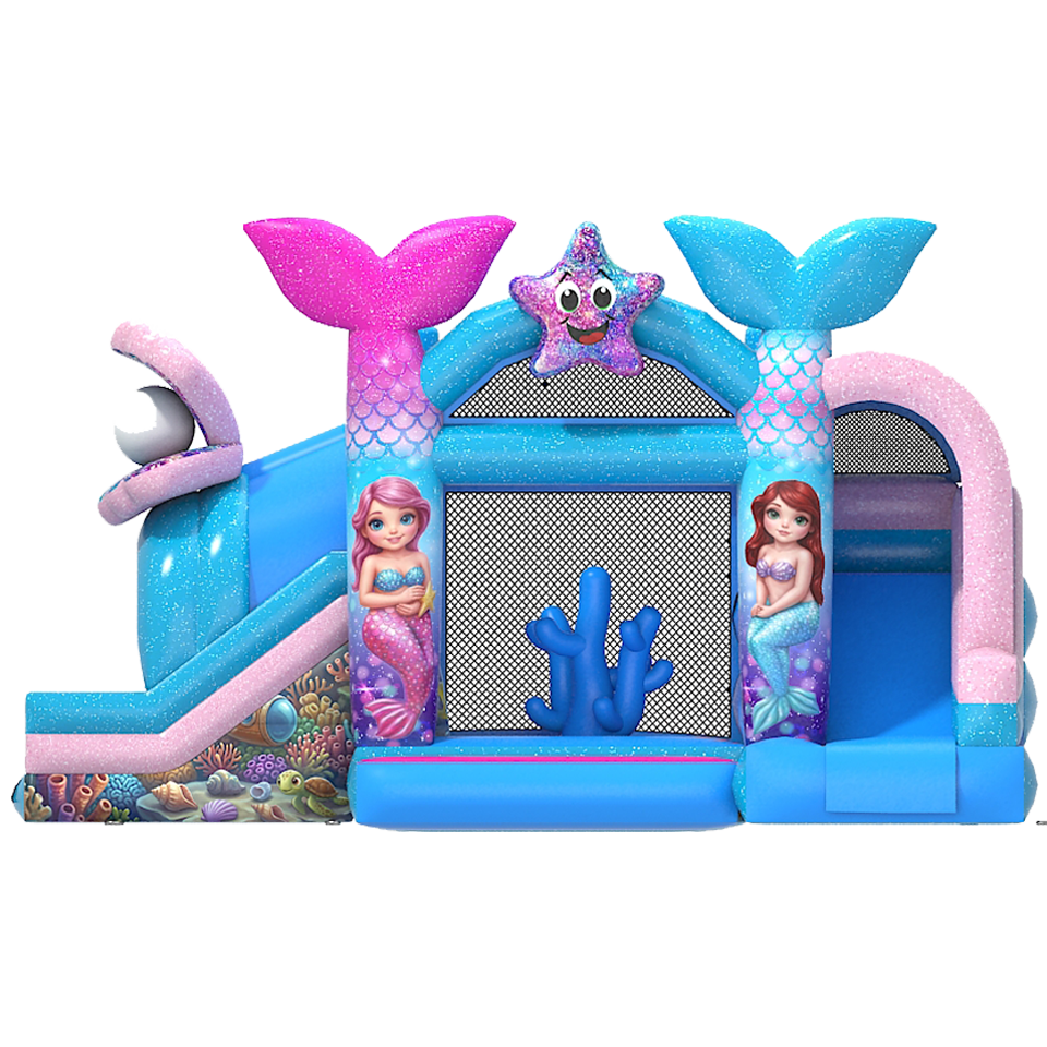 Château Gonflable avec 2 Toboggans 3D Sirène à Paillettes