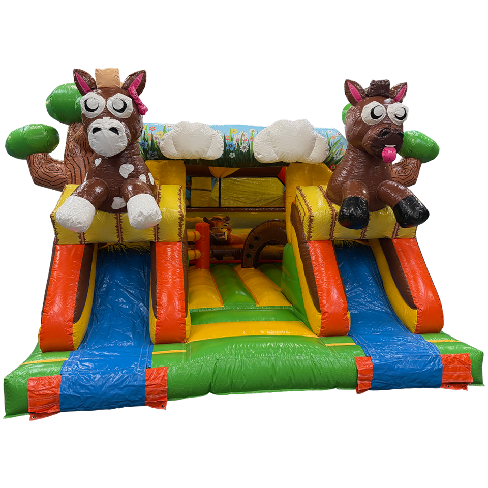 Château gonflable combo midi 2 toboggans Chevaux