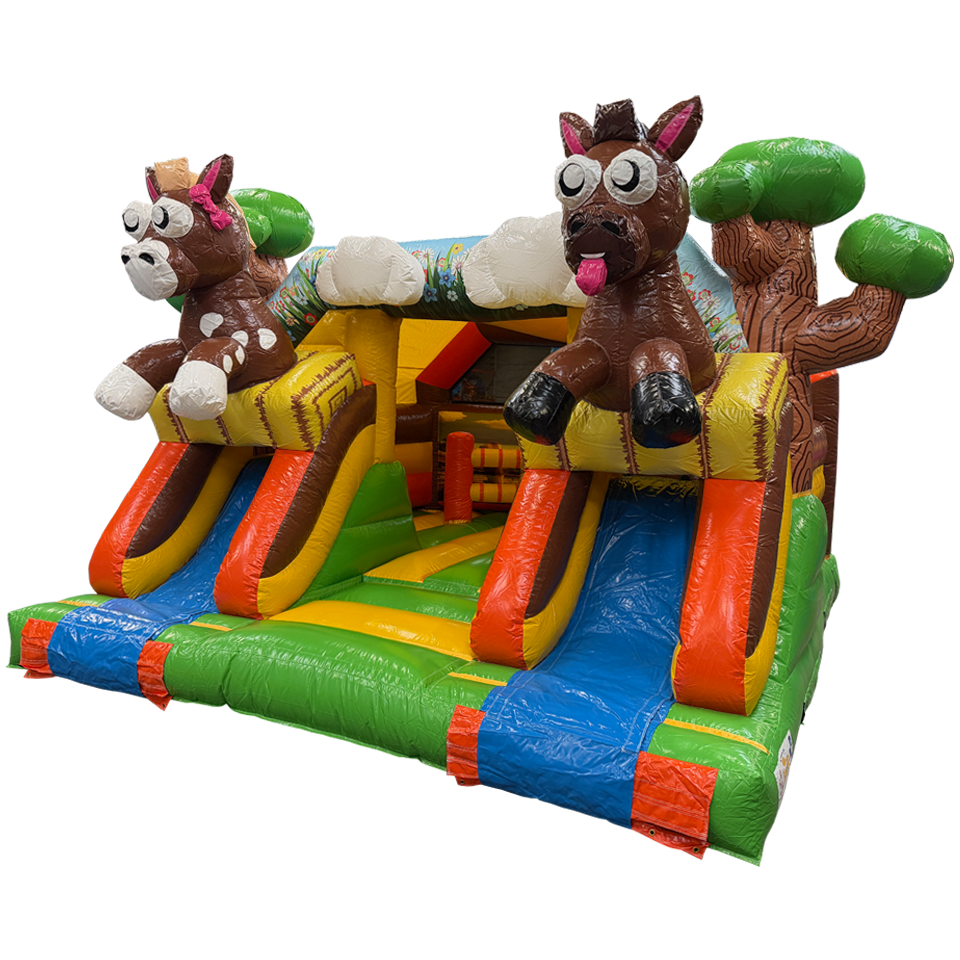 Château gonflable combo midi 2 toboggans Chevaux