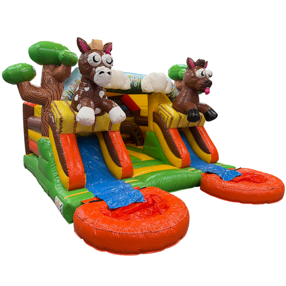 Château gonflable combo midi 2 toboggans Chevaux