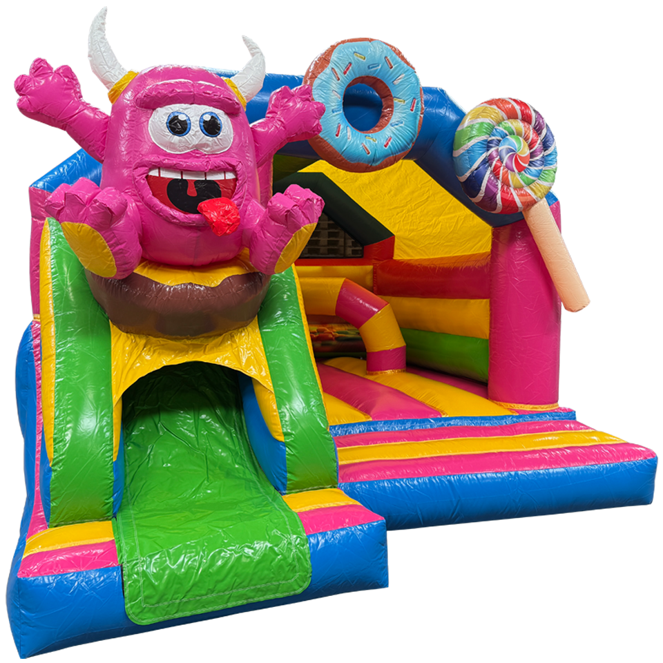 Château Gonflable Combo Midi 3D Monstre des Biscuits Fushia Avec Obstacles