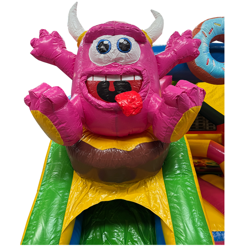 Château Gonflable Combo Midi 3D Monstre des Biscuits Fushia Avec Obstacles
