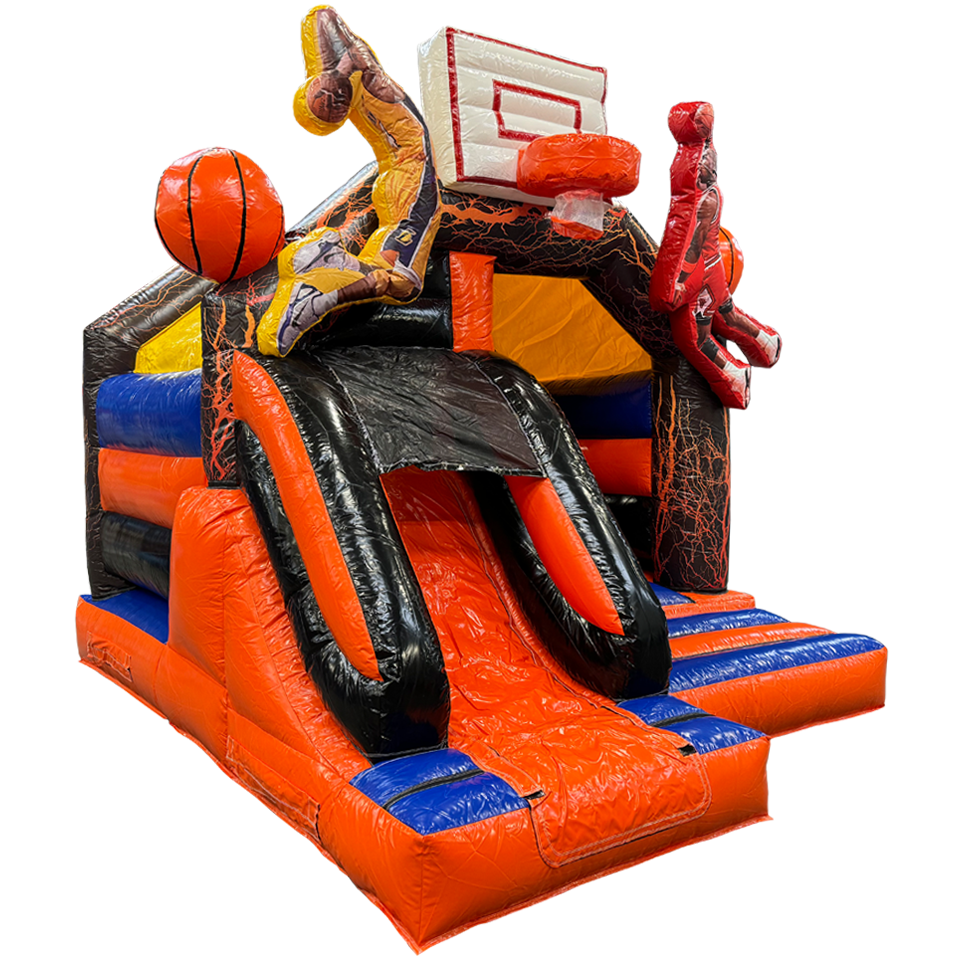 Zijkant springkasteel met close up van springende basketballer